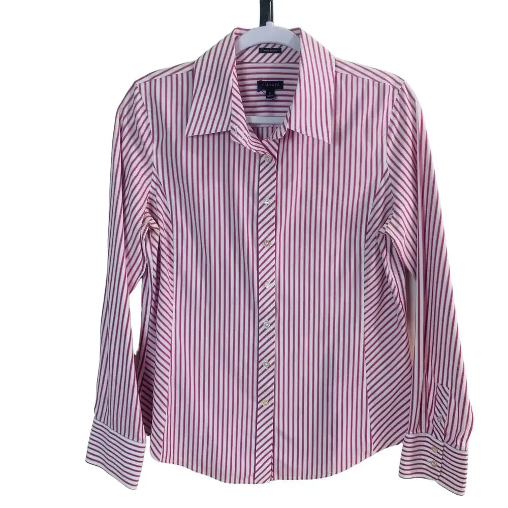 Talbots Size 8 Striped Wrinkle Resistant Stretch Button Up Shirt Blouse Career